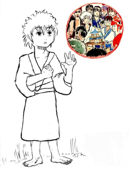 Fanart of Gintoki Sakata as a child in black and white stares at a vision of his future adult self in colour where he's surrounded by friends and being presented by a birthday cake that looks just like his home.
