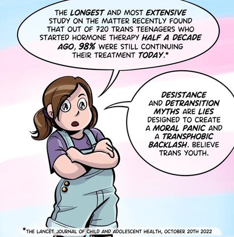An Assigned Male Comic, A trans girl says "The longest and most extensive study on the matter recently found that out of 720 trans teenagers who started hormone therapy half a decade ago, 98% were still continuing their treatment today*."

She continues, "Desistance and detransition myths are lies designed to create a moral panic and transphobic backlash. Believe trans youth!"

*The Lancet Journal and Adolescent Health, October 20th, 2022.
