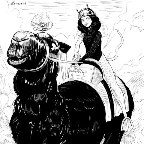 Androgynous demon with frog legs and fuzzy body riding a camel