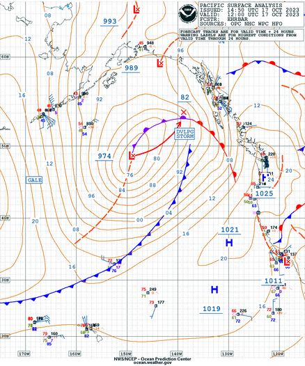 A surface weather map of the Northeast Pacific including a strong low in the Gulf of Alaska.
