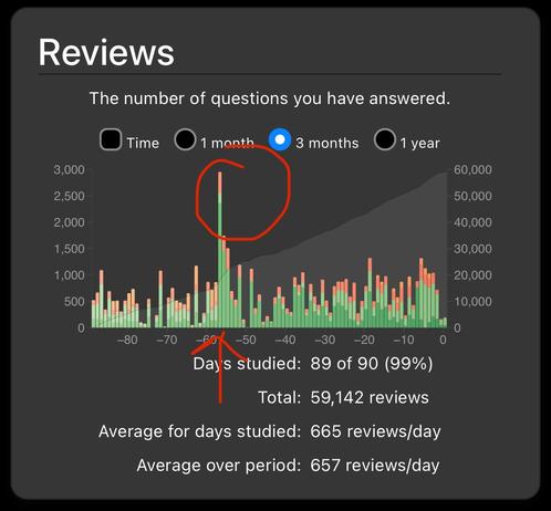 screenshot of graph of daily reviews in anki over past three months