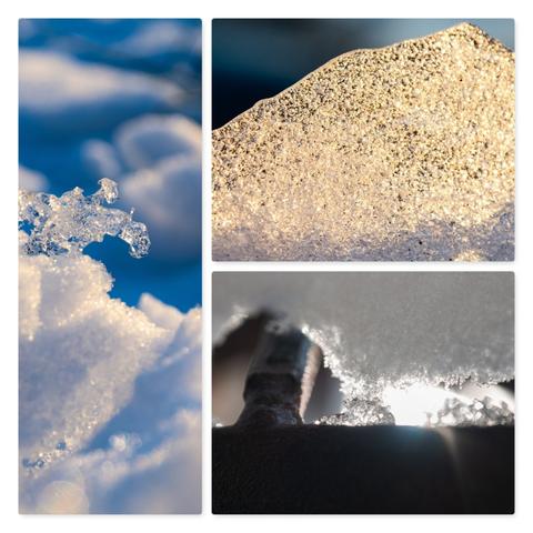 A three photo collage. The left hand photo shows ice crystals atop snow. The top right is a bubble-filled pane of ice with the evening sun shining and sparkling through it. The bottom right shows sunlight peeking through a gap in snow on a metal frame, the light illuminates crystals of ice hanging out on the metal bars