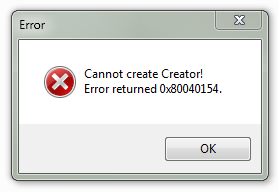 The image shows a screen capture of a a computer error message, "Cannot create Creator! Error returned 0x80040154."

The caption for the image on RationalWiki states"Who made the maker? (And if anyone; who made them in turn?)"