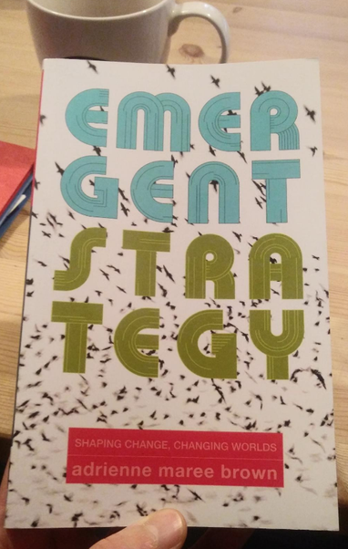 The cover of the book "emergent strategy - shaping change, changing worlds" by adrienne maree brown. The backdrop is a swarm of birds.