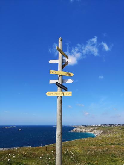 Mat et panonceaux en bois, plantés à la pointe de Corsen, en Bretagne et indiquant la distance avec des grandes villes comme New York, Paris et Londres