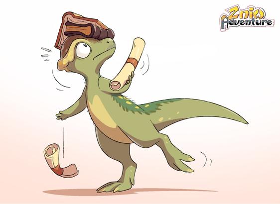 A small pachycephalosaurian dinosaur is carrying books on his head and scrolls in his arms. Drawing kept in a cartoony style.