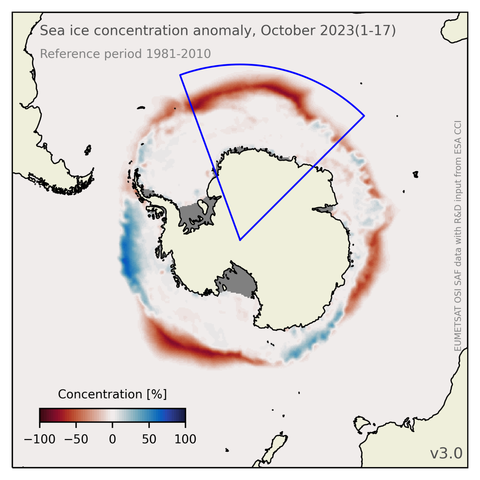 Map showing Antarctic sea-ice concentration anomaly for October (day 1 to 17) 2023 relative to the baseline of 1981-2010 October (day 1 to 17) mean. The sector of Queen Maud Land used for sea-ice extent computation is indicated with a blue box.
Source data is from OSI SAF sea-ice concentration CDR/ICDR v3.0