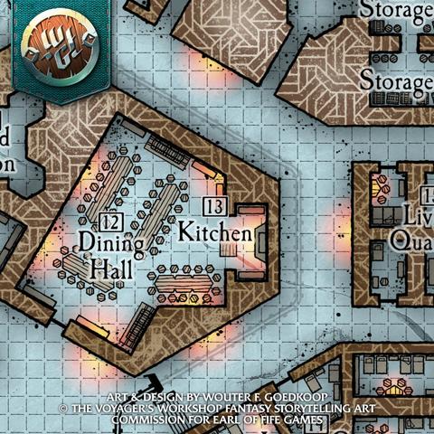Closeup of a top-down dungeon map for an upcoming TTRPG publication.