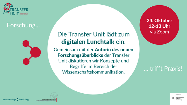 Die Transfer Unit lädt zum digitalen Lunchtalk ein. Gemeinsam mit der Autorin des neuen Forschungsüberblicks der Transfer Unit diskutieren wir Konzepte und Begriffe im Bereich der Wissenschaftskommunikation.
