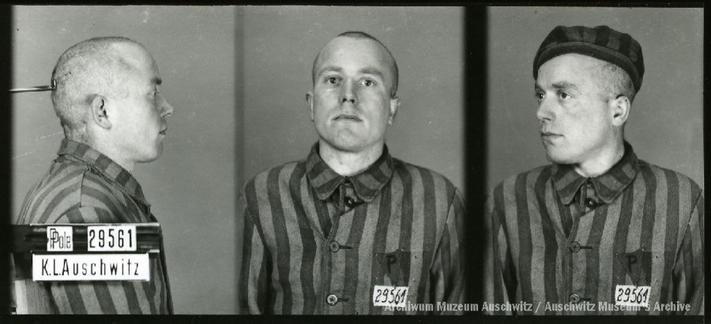 A mugshot registration photograph from Auschwitz. A man wearing a striped uniform photographed in three positions (profile and front with bare head and a photo with slightly turned head with a hat on). The prisoner number is visible on a marking board on the left.