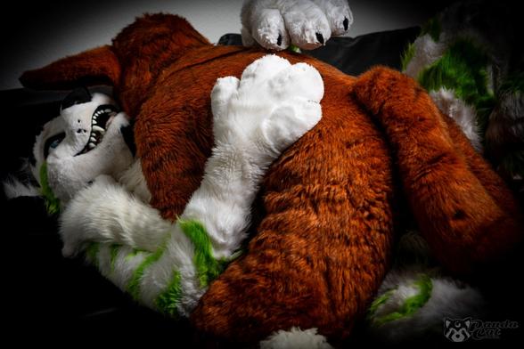 Fibre, a white tiger with green stripes, is lying on his back. Neirin, a big corgi with dark fur is lying on top of him, as Fibre wraps both his arms around Neirin. Fibre's big toothy grin is the most prominent aspect of his face.