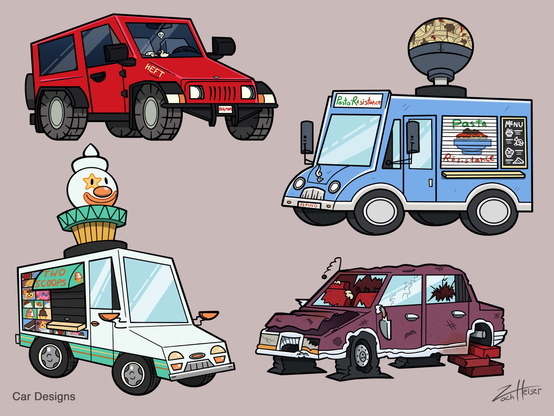 A model sheet featuring 4 cars: a keep, an Italian food truck, an ice cream truck, & a wrecked car