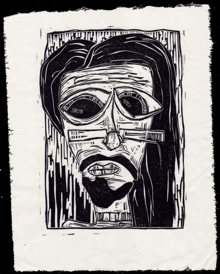 Black and white self-portrait, woodcut print. Man with rectangle glasses, a goatee and long hair. 

Face takes up entire picture, and the eyes are very large and upside down. There are wrinkles in the forehead. He looks sad and anxious.