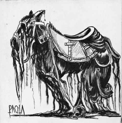 Dibujo en tinta negra sobre papel, de un caballo con silla de montar, en trazos.