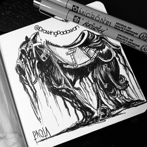 Dibujo terminado con bolis alrededor.