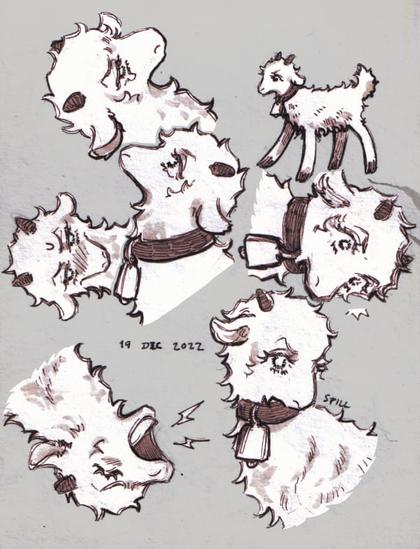 Mobile Suit Gundam fan art. A sketch page of Amuro as a white lamb with fluffy curling fur, small dark horns, big bright eyes with long lashes, wearing a thick leather collar with a bell. The sketches are displayed in various angles, as if the page was switched around while drawing.

From left to right, top to bottom:
A bust of Amuro frowning and teary-eyed.
A small full-body sketch of Amuro.
A bust of Amuro looking flustered, frowning and dipping its chin.
A bust profile of Amuro, facing the left of the image.
A bust of Amuro wide-eyed as if taken by surprise.
A bust of Amuro frowning and bleating, eyes shut tightly while it vocalizes loudly.
A bust of Amuro looking as peaceful as its frowny eyes will let it look.