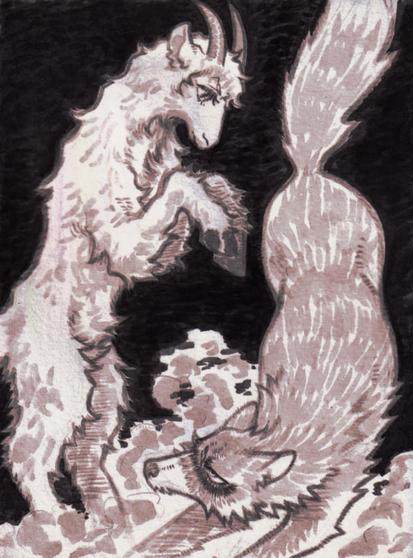 Mobile Suit Zeta Gundam fan art. An ink wash drawing of Amuro, a young sheep with growing horns, big eyes with long lashes and fluffy curly white fur that covers its body, and Quattro, a wolf with reddish and white fur, with dark markings under its eyes and a scar in the middle of its brow.

Dust rises as the two animals move. Amuro stands in its hind legs as if ready to throw a headbutt as Quattro lowers the front of its body after landing. Both animals have a neutral look despite their body language.