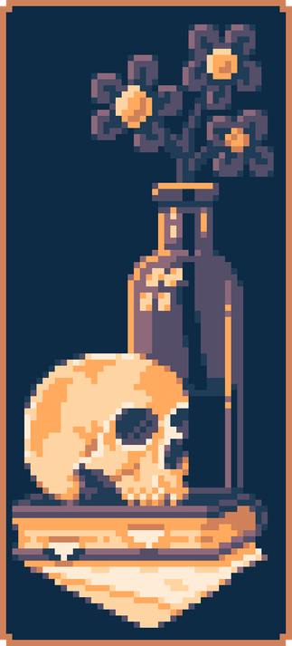 Pixel Art of a Still Life showing a skull on a book in front of some flowers in a bottle.