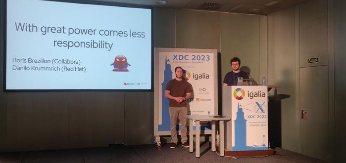 Boris Brezillon and Danilo Krummrich during their "With great power comes less responsibility" at XDC 2023