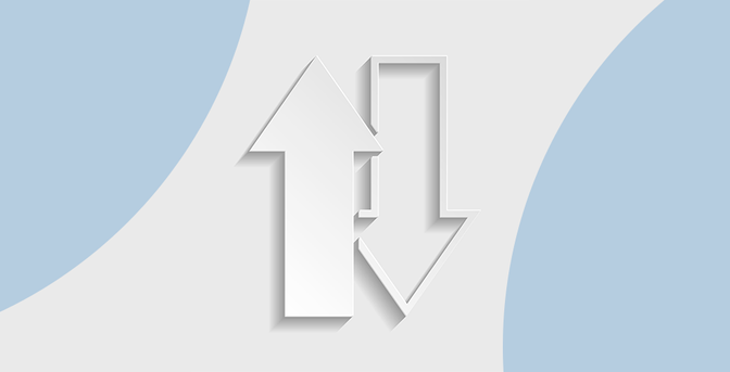 Arrow pointing upwards and arrow pointing downwards, representing the conundrum between the Bottom-up vs Top-down approach.