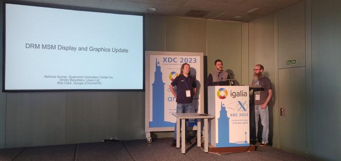 Abhinav Kumar, Dmitry Baryshkov and Rob Clark during their XDC 2023 talk