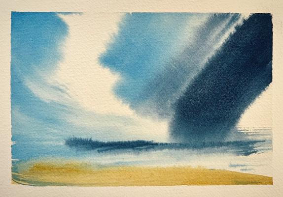 A watercolour landscape depicting a sky and a beach, probably