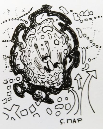 inktober 2023, jour 5, "map"
la petite grenouille, vue de face, petite, au milieu de l'image, semble tomber soit dans un trou, soit vers une tache, on ne sait pas trop, une tache lumineuse au centre et sombre sur le bord, avec des bulles qui vers le bords sont plutôt comme des petites îles sur la mer, et autour de cette tache tout un tas de marquages, des flèches, des pointillés petits et gros, des montagnes stylisées, comme sur une espèce de carte routière
