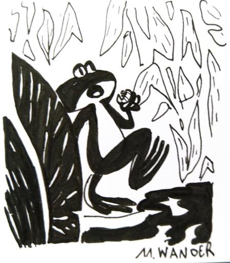 inktober 2023, jour 11, "wander"
la grenouille, en noir et blanc, en train de marcher dans la nature (on voit des feuilles au premier plan, des feuilles en arrière plan), et s'apprêtant à mordre dans quelque chose qu'elle a dans sa main, une sorte de fruit.