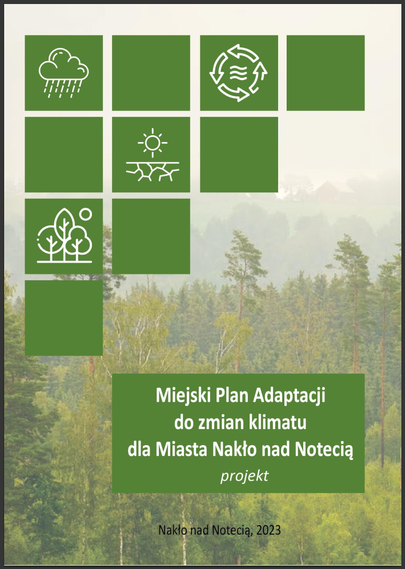 Okładka projektu „Miejskiego Planu Adaptacji do zmian klimatu dla Miasta Nakło nad Notecią”. Na tle zdjęcia lasu zielone kwadraty, część z nich zamiera białe ikony nawiązujące do klimatu. Poniżej zielony prostokąt z tytułem.