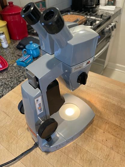User side view of Stereo “Dissecting Scope” showing top and bottom illumination on, and switch for 15x & 30x switch that I had not noted at the store!