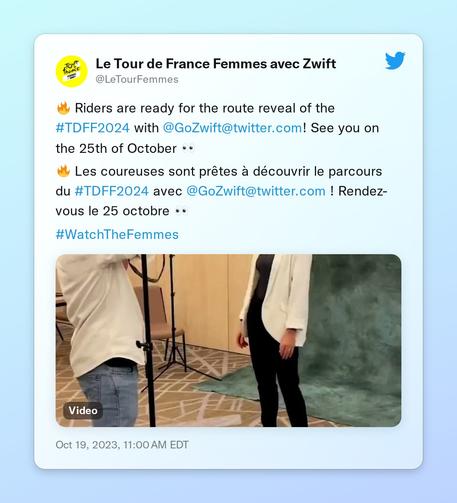 🔥 Riders are ready for the route reveal of the #TDFF2024 with @GoZwift! See you on the 25th of October 👀

🔥 Les coureuses sont prêtes à découvrir le parcours du #TDFF2024 avec @GoZwift ! Rendez-vous le 25 octobre 👀

#WatchTheFemmes https://t.co/6uNyxbr46j