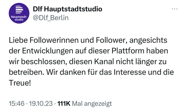Hauptstadt-studio DIf Hauptstadtstudio @Dlf_Berlin Liebe Followerinnen und Follower, angesichts der Entwicklungen auf dieser Plattform haben wir beschlossen, diesen Kanal nicht länger zu betreiben. Wir danken für das Interesse und die Treue! ALT 46 • 19.10.23 • 111K Mal angezeigt