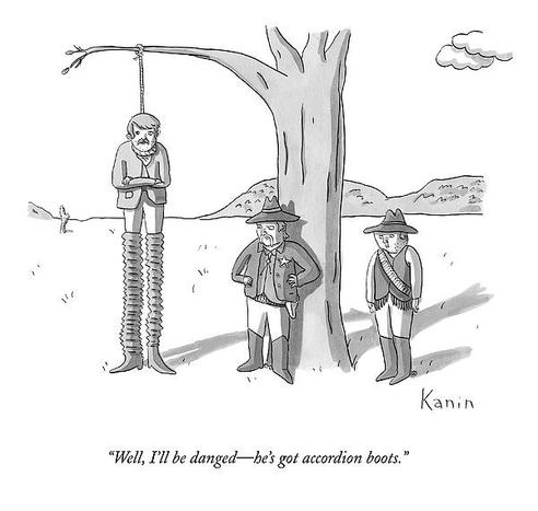 A danged varmint escapes being strung up due to his boots unfolding, accordion-style, down to the ground.