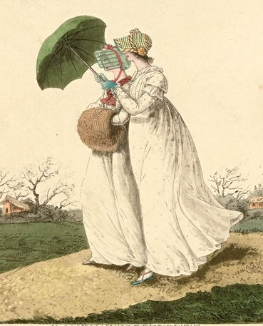 A colored engraving from 1801 of two ladies in morning dresses, by Nicholas Heideloff, from Gallery of Fashion. One woman holds a green parasol and the other holds her hands inside a large fur muff; they both wear green, decorated bonnets and flowing white dresses.