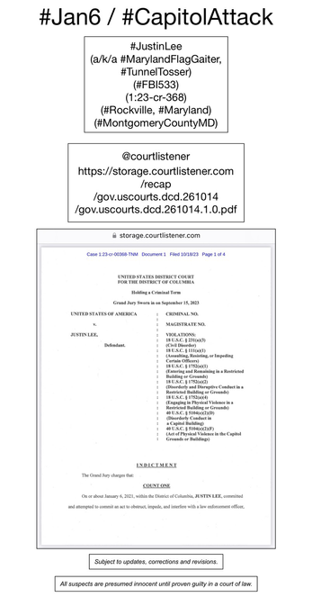Screenshot of page from court document pertaining to January 6th riot suspect Justin Lee (Rockville, Maryland).