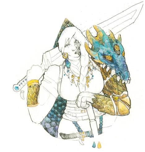 Picture of ink and watercolor o dragonslayer with ig sword she has dragon head on her shoulder picture is in two colors yellow and azure