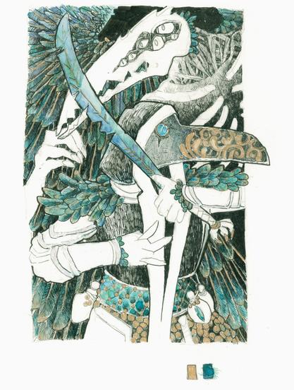 Picture of Raven Rogue in her plague doctor dress with blue-green hue swords in style of big raven feather behind her is a big raven demon with the same hue