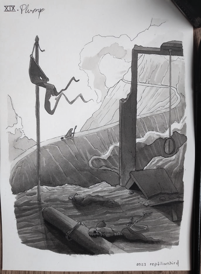 Drawing of an old ruin with destroyed pillars and tables. Skeletons are lying on the ground. In the background a cloaked figure is walking on a mountain pathway.