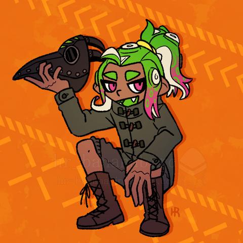 Digital art of an Octoling from Splatoon crouching and holding a black plague mask with his right hand. He has bright green tentacle hair tipped with pink, tied in a ponytail. And is wearing a moss green jacket with shorts and brown boots.