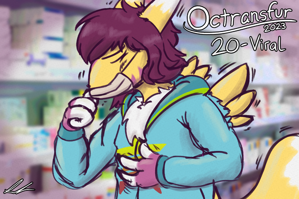 A digital drawing of my character, Vee, transforming into a Renamon. Vee is wearing a medical mask, and is coughing. His fingers are fusing from 4 on each hand to two. Shoulder wings ripping through the back of his jacket. Fox-like ears jutting out of his hair. And a large tail floofing out from his backside.