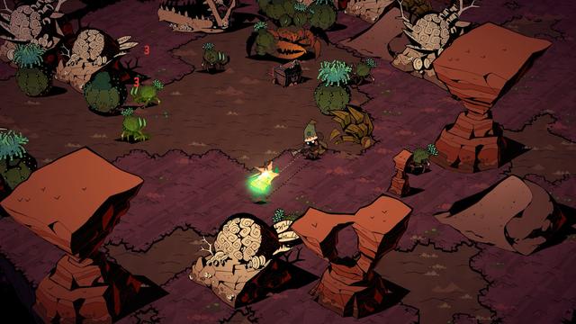 Wizard with a Gun screen shot. Reddish background with some green plant terrain and rocks. The titular wizard shooting a yellow-green burst.