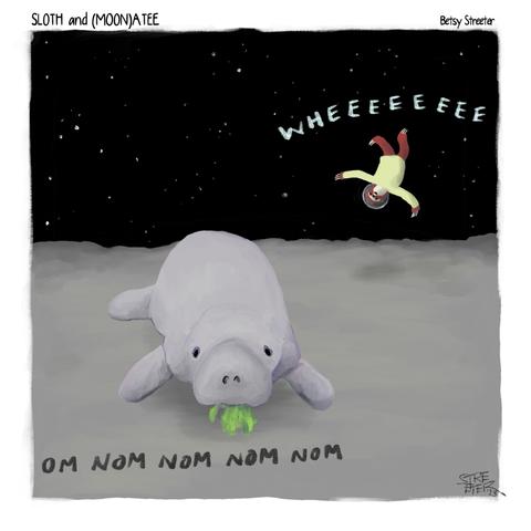 Color illustration of a sloth and manatee on the moon, Manatee is eating lettuce and Sloth is flying around