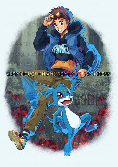 Daisuke Motomiya and V-mon from "Digimon Adventure 02: THE BEGINNING"; full body illustration trying to simulate the "Digimon Survive" character art coloring style.