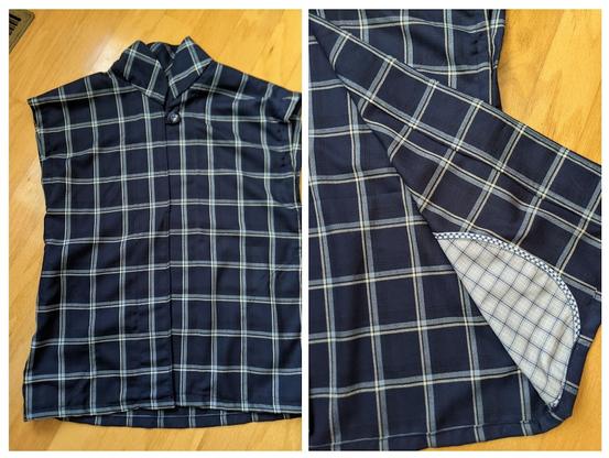 On the left is a navy plaid vest with a mandarin collar. The right hand photo shoes the inside pocket detail, a contrasting light blue plaid.