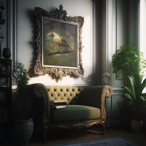 Product mockup pic of an illustrated bird print in a heavily ornate  frame on a paneled baroque wall above a green settee with books. Light from a window on the right. Overall impression: Extravagant opulence.