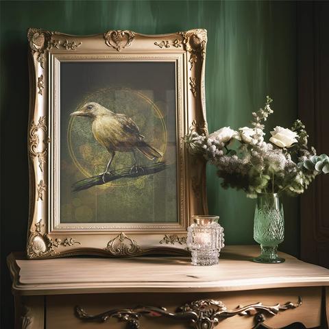 Product mockup pic of an illustrated bird print in a gold frame, sitting on a wooden side table beside a metal vase of flowers. Overall impression: Old Master's elegance.