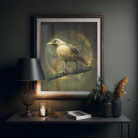 Product mockup pic of an illustrated bird print in a frame above a side table with various lamps, greenery, candles, books and other every-day items. Overall impression: Hallway finery.