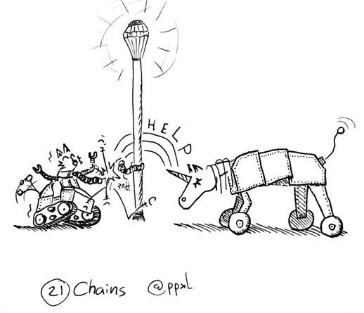 Black-White ink drawing of a metal plate robot unicorn which bows down to free robot cat by it's horn magic.

Robot cat was chained to a lantern post but dances happily as the chain links explode. Its tail wags gleefully. Robot cat also consists of metal plates bit instead of wheels it has caterpillar wheelbands and robot pincer hands.

Robot unicorn's Horn magic looks like a rainbow, the word HELP appears above the rainbow.