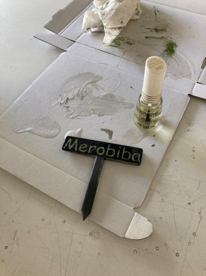 A plant sign with the word “Merobiba” in Comic Sans font. The plant sign is laying on a piece of cardboard with dried paint, and nearby is a bottle of clear nail polish.