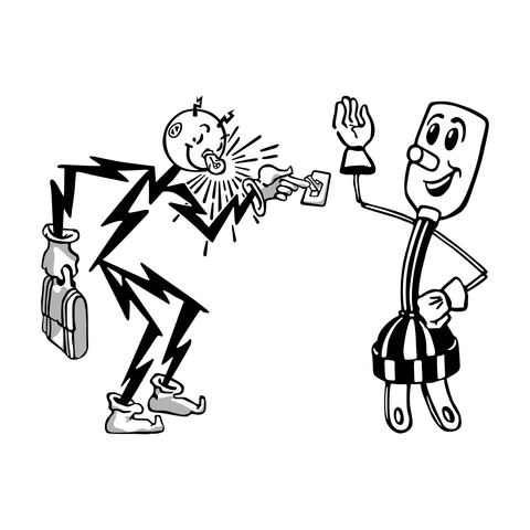 A vector graphics drawing in black and white, with some grey shading on Reddy, who's on the left — a smiling stick-figure man with two tufts of lightning-bolt hair and an illuminated lightbulb for a nose, wearing rubber safety gloves and curly-toed shoes, shedding rays of light as he leans forward holding a satchel in one hand and flipping a light switch with the other. On the right, Willie Wiredhand — his legs and hips are a power plug, his head is a light socket with a push-button nose, his arms are pairs of wires with gloves on the end for hands — smiles and waves.